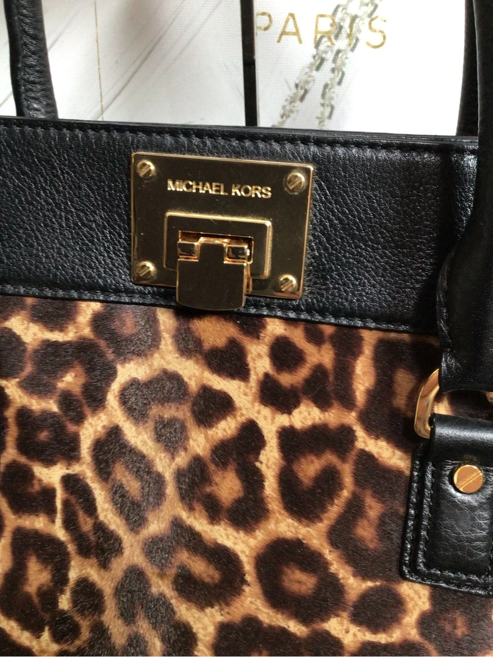 Michael Kors Leopard-Print Calf Hair Satchel in Brown/Black with Gold Hardware